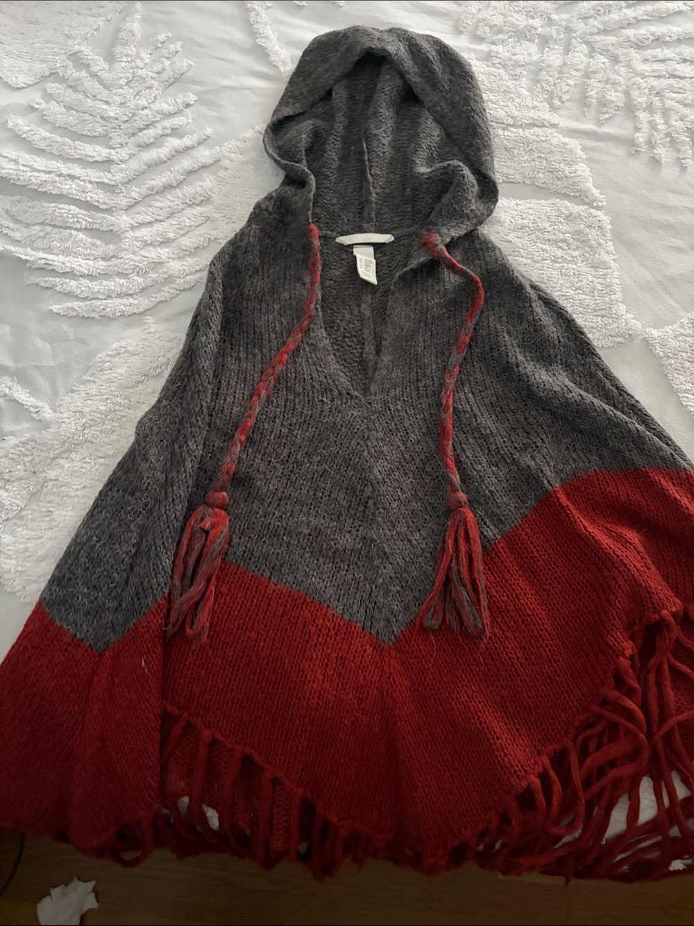 H&M Hooded Fringe Poncho Sweater in Gray and Red